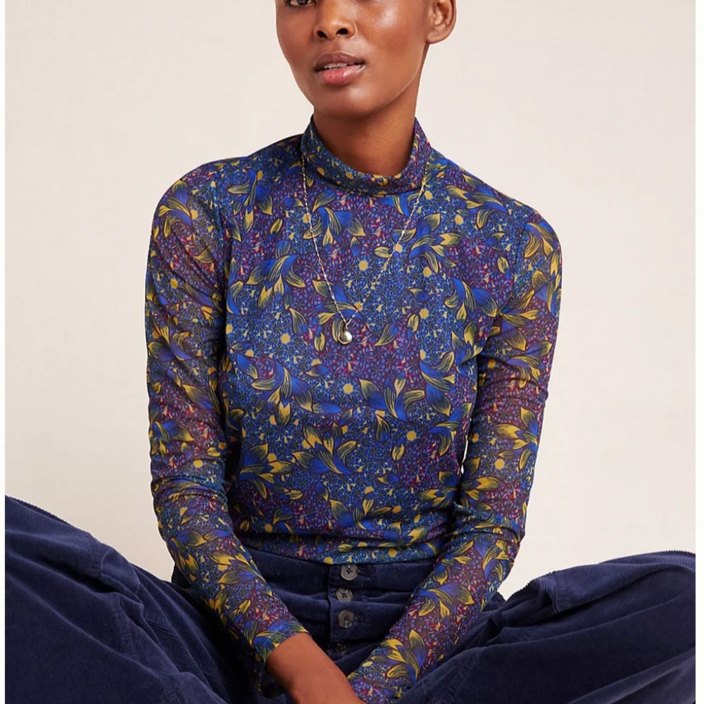 Anthropologie Patterned Mesh Turtleneck Top Blue Size Medium